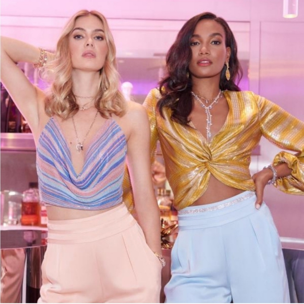 Ramy Brook Blue and Pink Metallic Draped Halter Crop Top - Picture 5 of 5